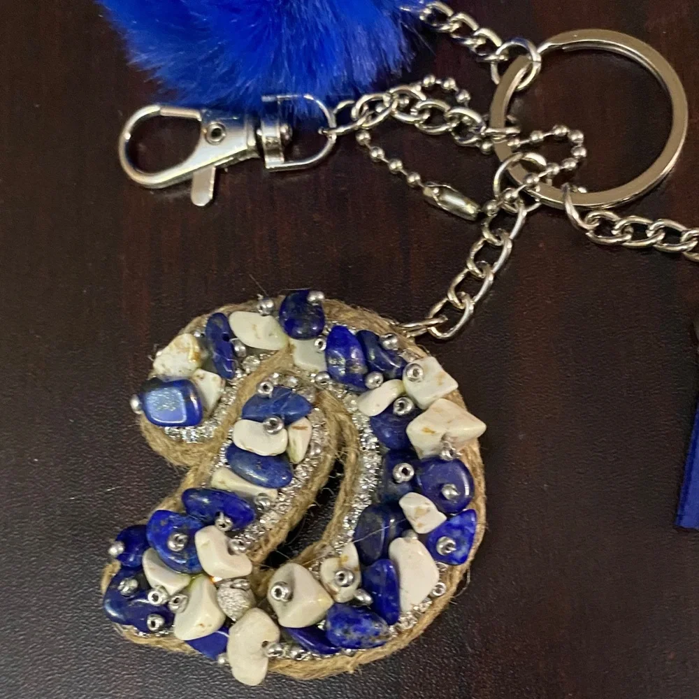 Leather D Vibrant blue Pom pom Keychain Purse charm